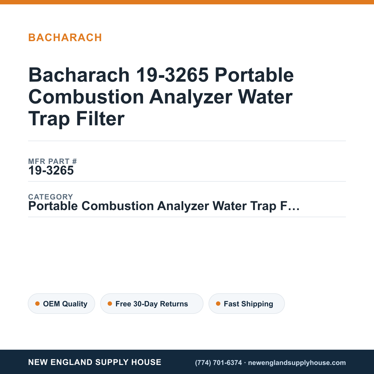 Bacharach 19-3265 Portable Combustion Analyzer Water Trap Filter — New England Supply House spec card [NESH-SPEC-CARD-V2]