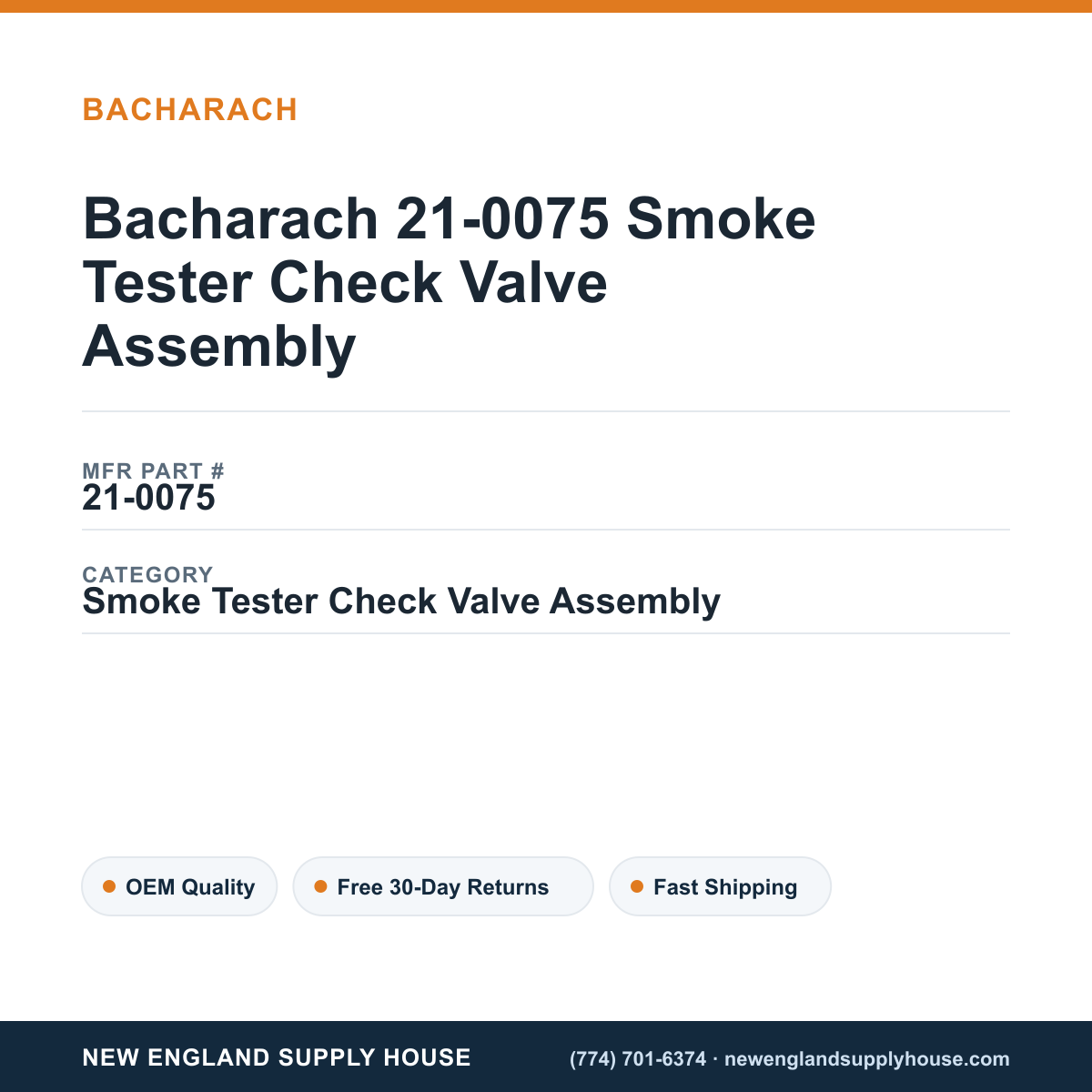 Bacharach 21-0075 Smoke Tester Check Valve Assembly — New England Supply House spec card [NESH-SPEC-CARD-V2]