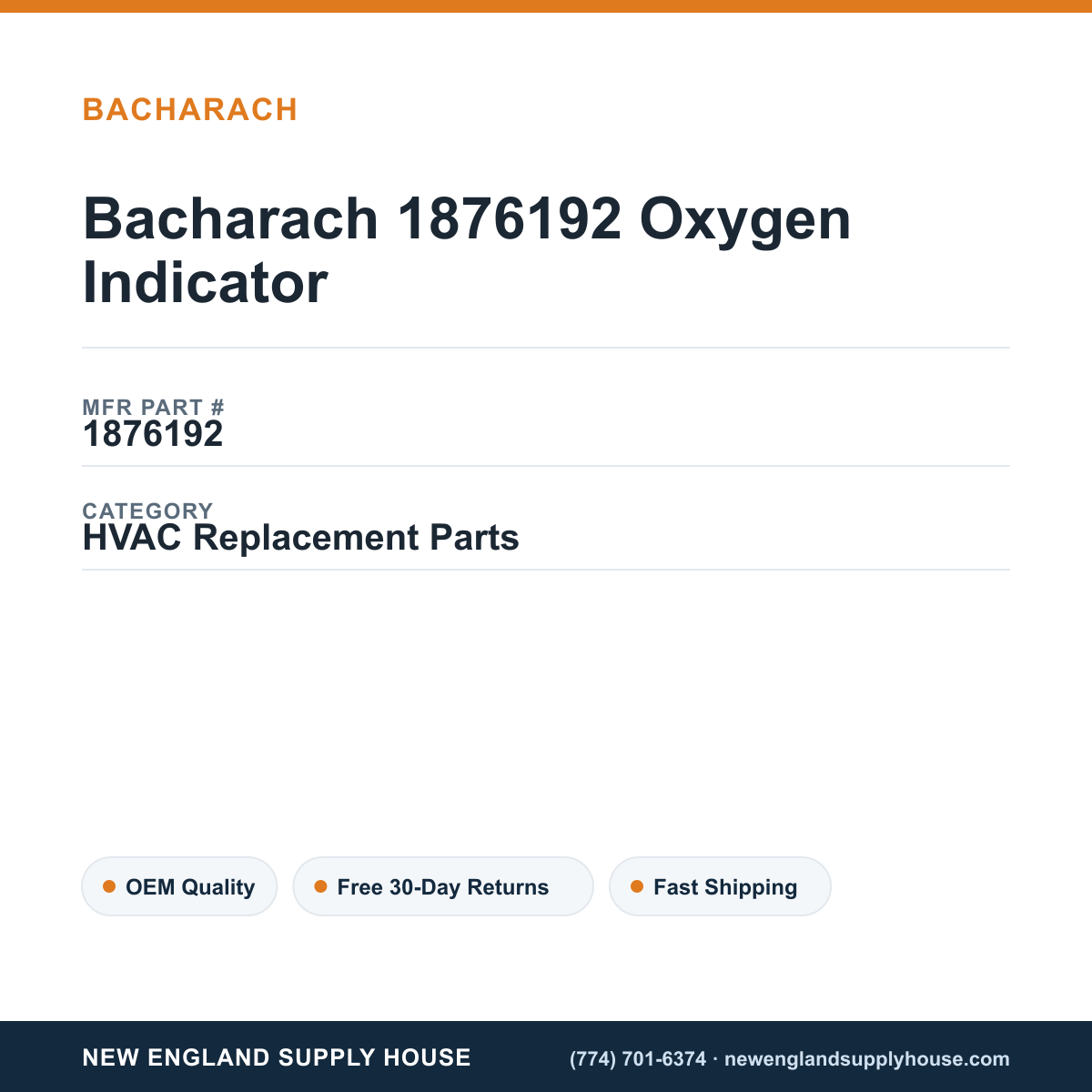 Bacharach 1876192 Oxygen Indicator — New England Supply House spec card [NESH-SPEC-CARD-V2]