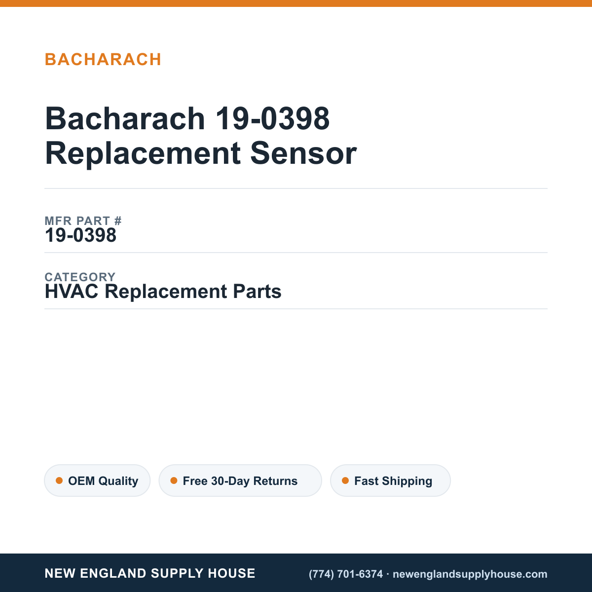 Bacharach 19-0398 Replacement Sensor — New England Supply House spec card [NESH-SPEC-CARD-V2]