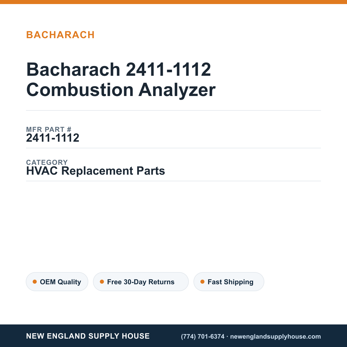 Bacharach 2411-1112 Combustion Analyzer — New England Supply House spec card [NESH-SPEC-CARD-V2]