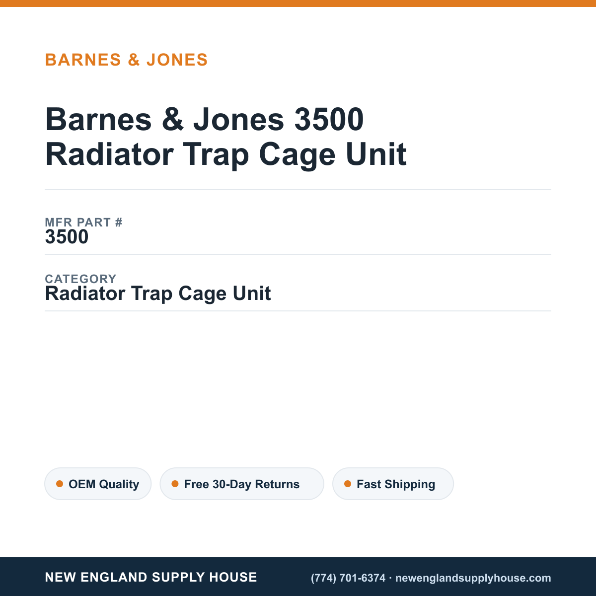 Barnes & Jones 3500 Radiator Trap Cage Unit — New England Supply House spec card [NESH-SPEC-CARD-V2]