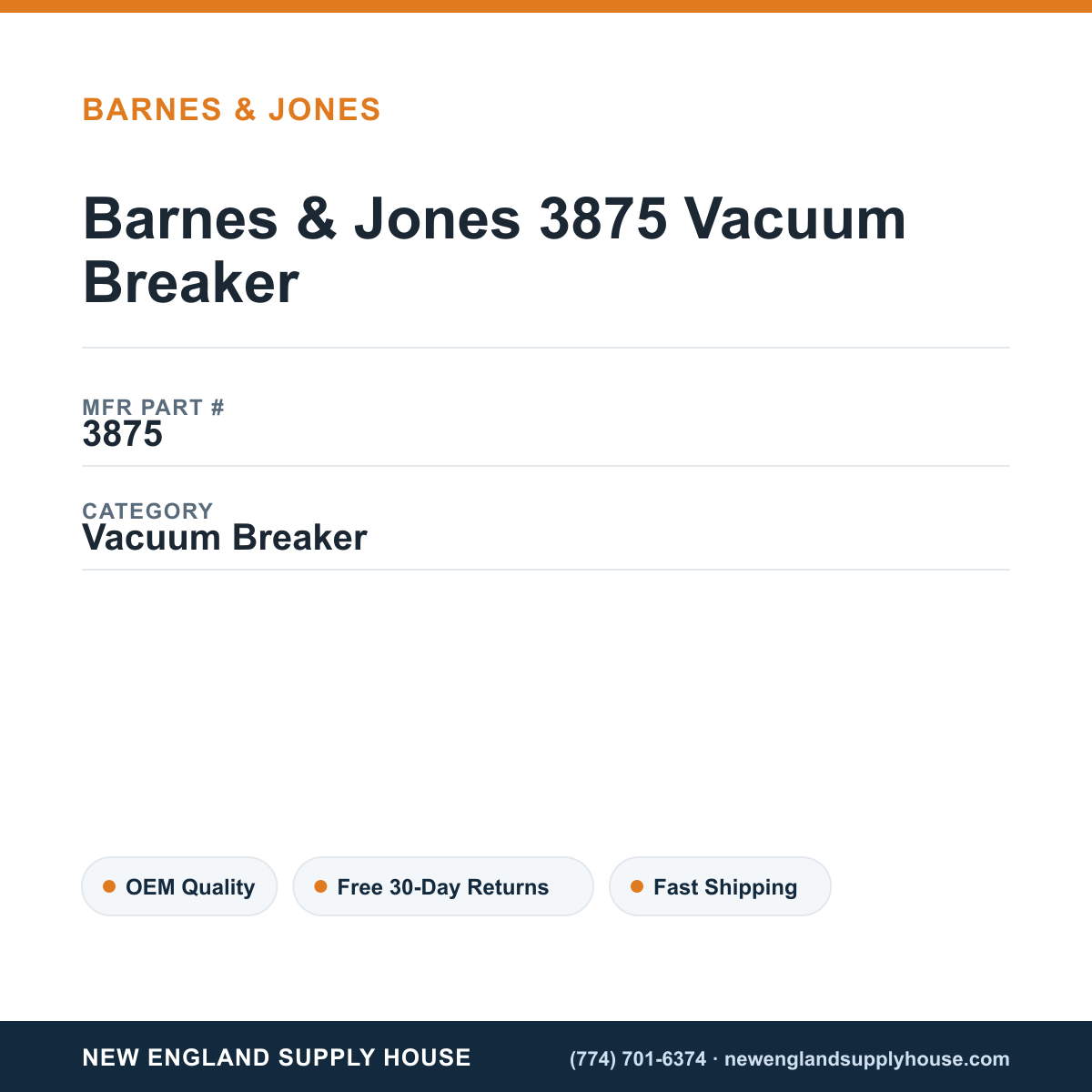 Barnes & Jones 3875 Vacuum Breaker — New England Supply House spec card [NESH-SPEC-CARD-V2]