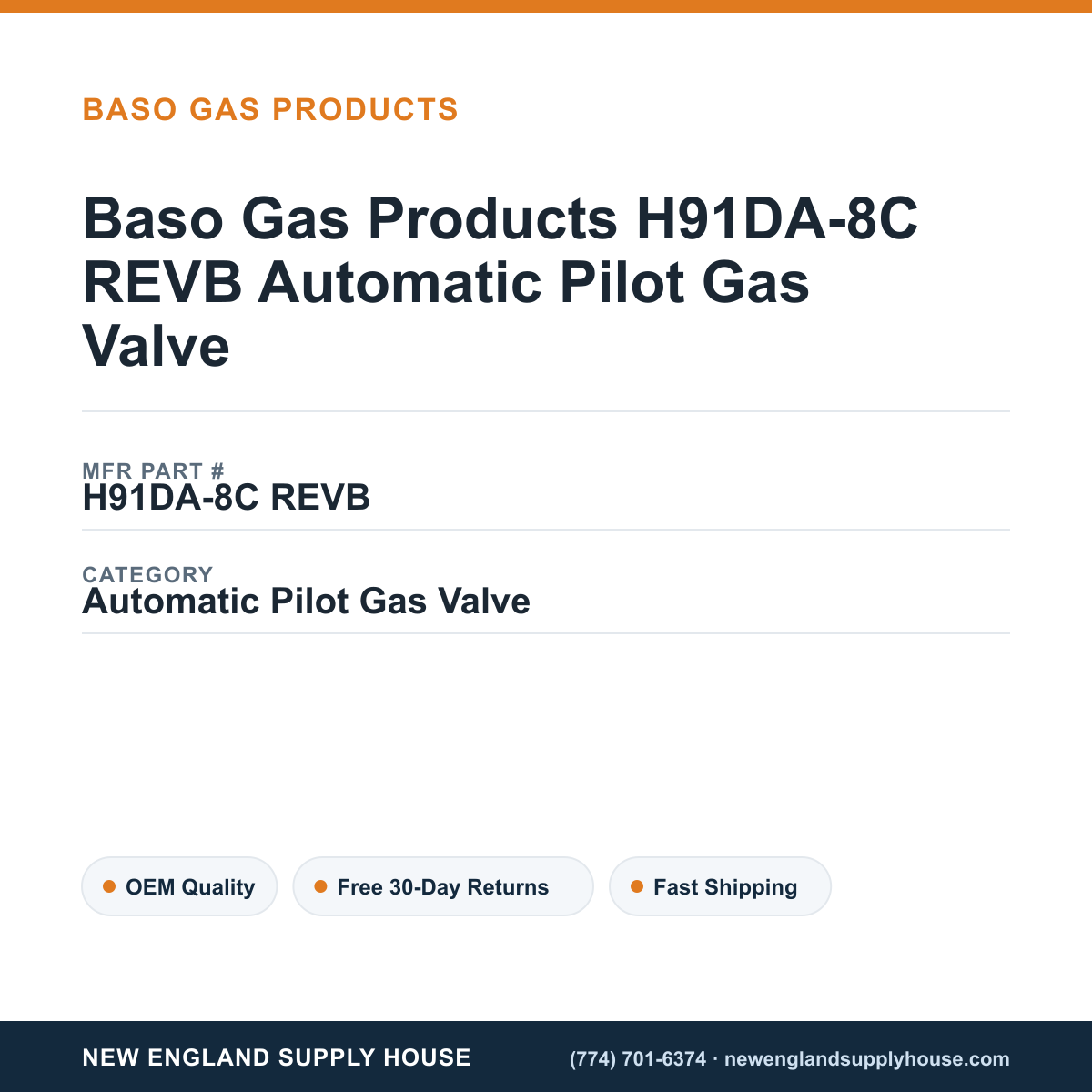 Baso Gas Products H91DA-8C REVB Automatic Pilot Gas Valve — New England Supply House spec card [NESH-SPEC-CARD-V2]