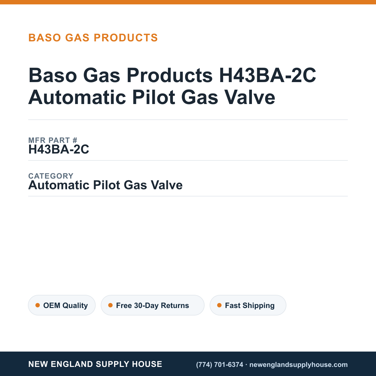 Baso Gas Products H43BA-2C Automatic Pilot Gas Valve — New England Supply House spec card [NESH-SPEC-CARD-V2]