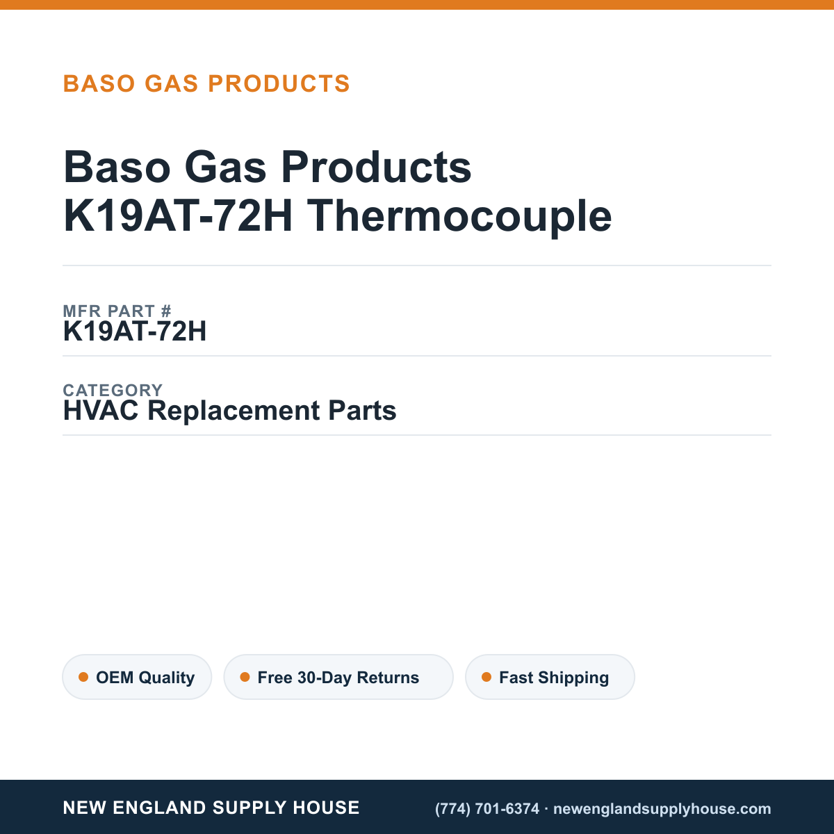 Baso Gas Products K19AT-72H Thermocouple — New England Supply House spec card [NESH-SPEC-CARD-V2]