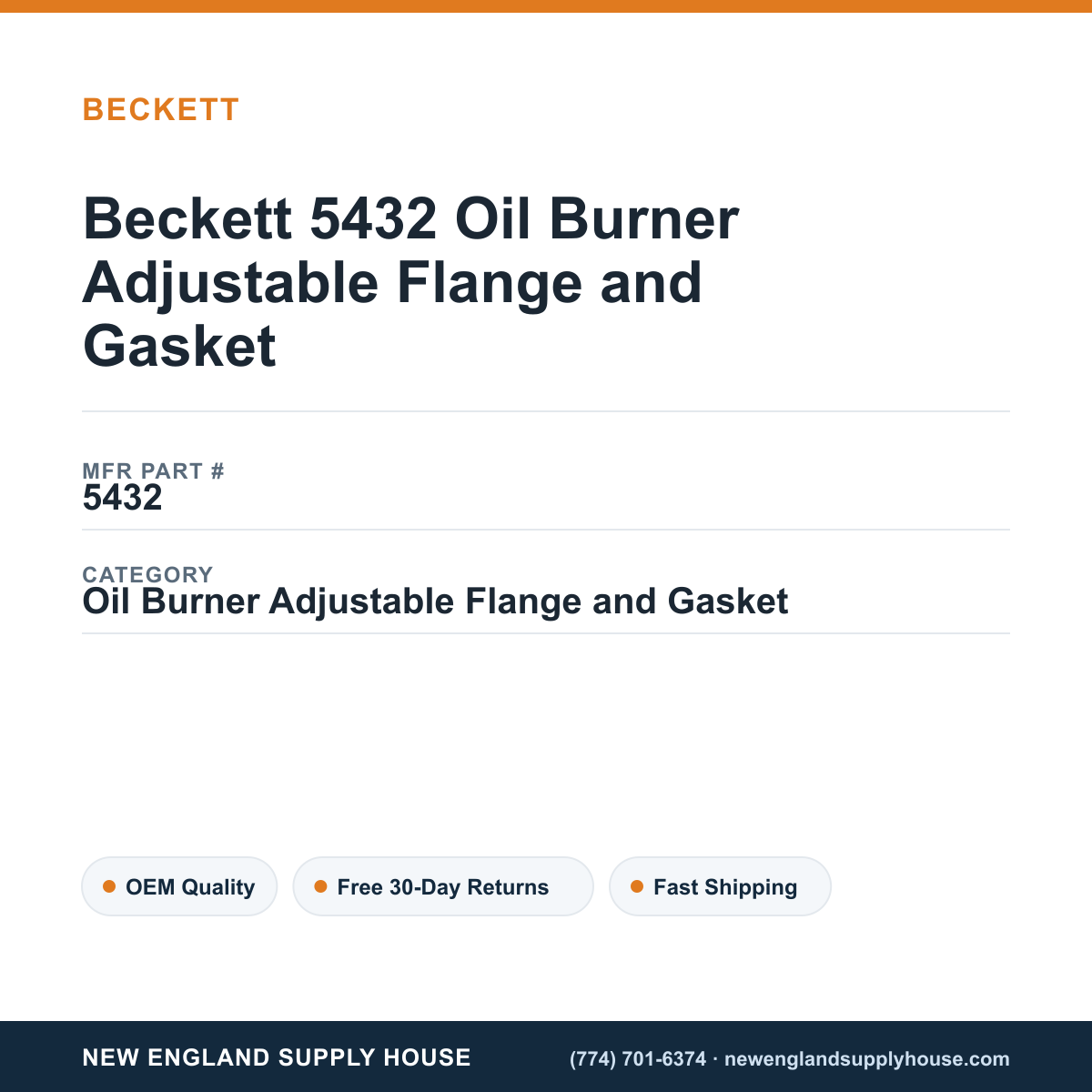 Beckett 5432 Oil Burner Adjustable Flange and Gasket — New England Supply House spec card [NESH-SPEC-CARD-V2]