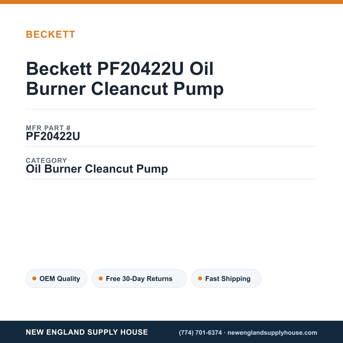 Beckett PF20422U Oil Burner Cleancut Pump — New England Supply House spec card [NESH-SPEC-CARD-V2]
