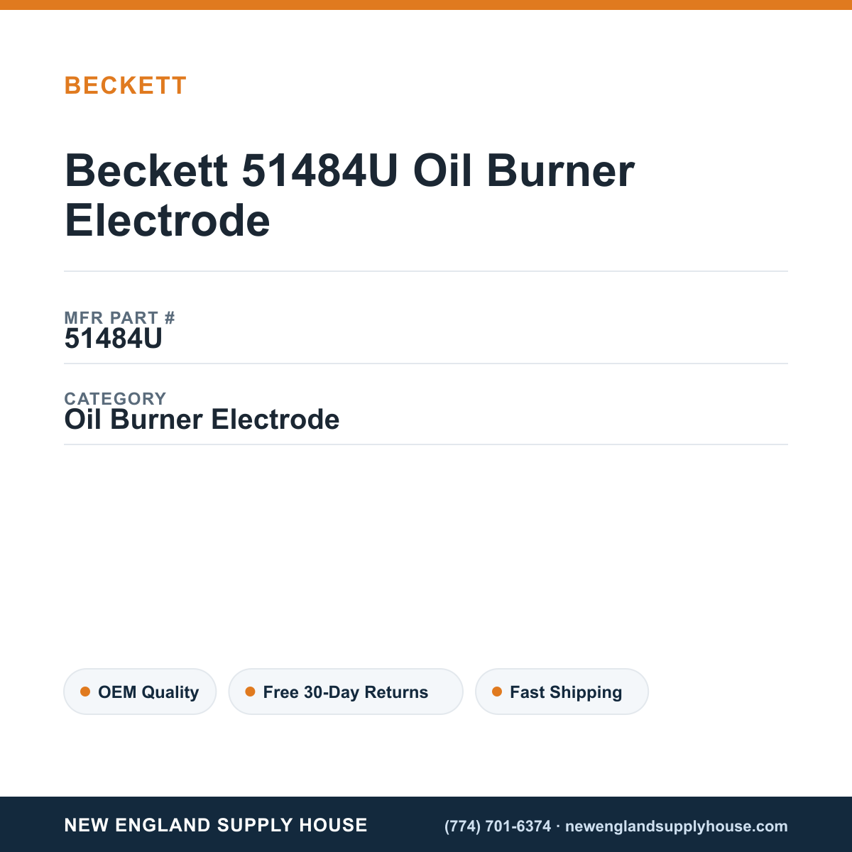 Beckett 51484U Oil Burner Electrode — New England Supply House spec card [NESH-SPEC-CARD-V2]