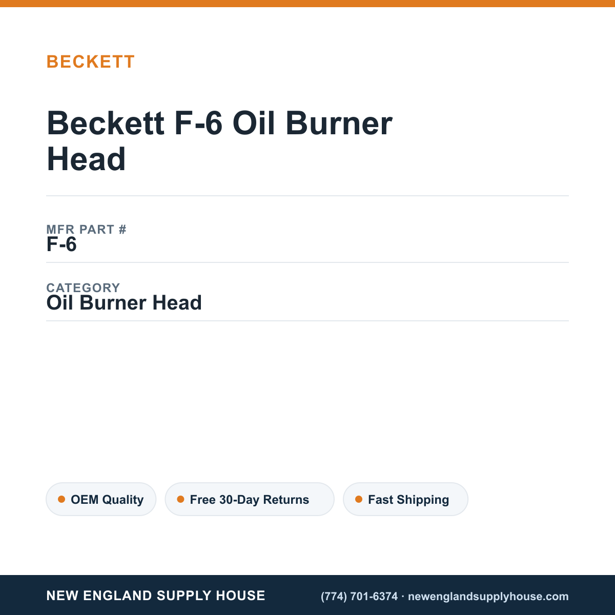 Beckett F-6 Oil Burner Head — New England Supply House spec card [NESH-SPEC-CARD-V2]