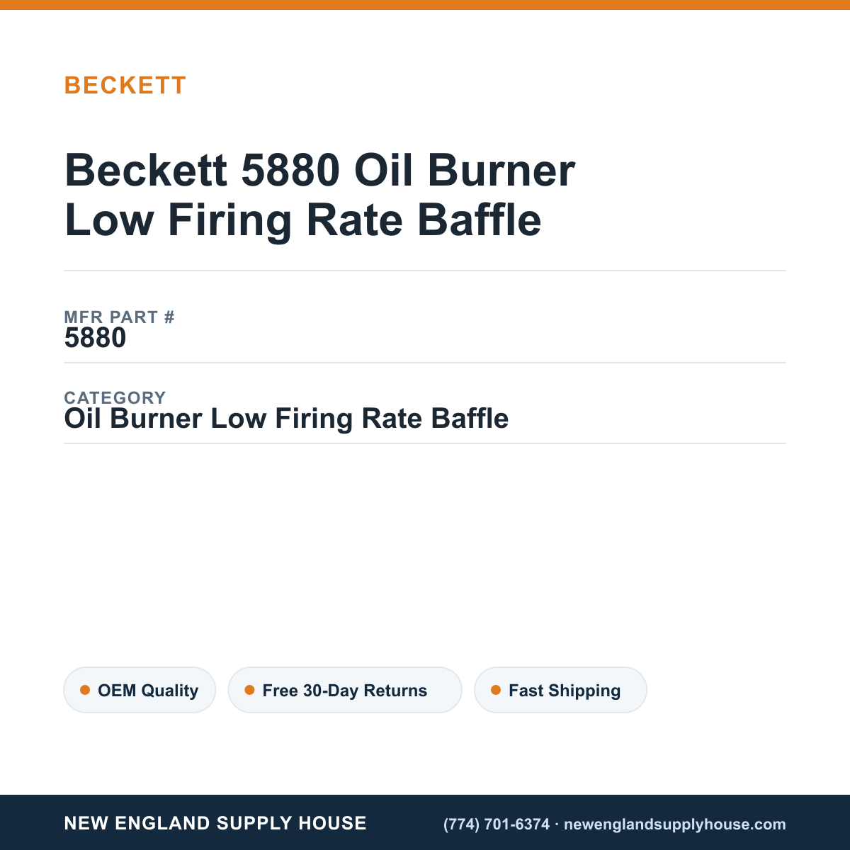 Beckett 5880 Oil Burner Low Firing Rate Baffle — New England Supply House spec card [NESH-SPEC-CARD-V2]