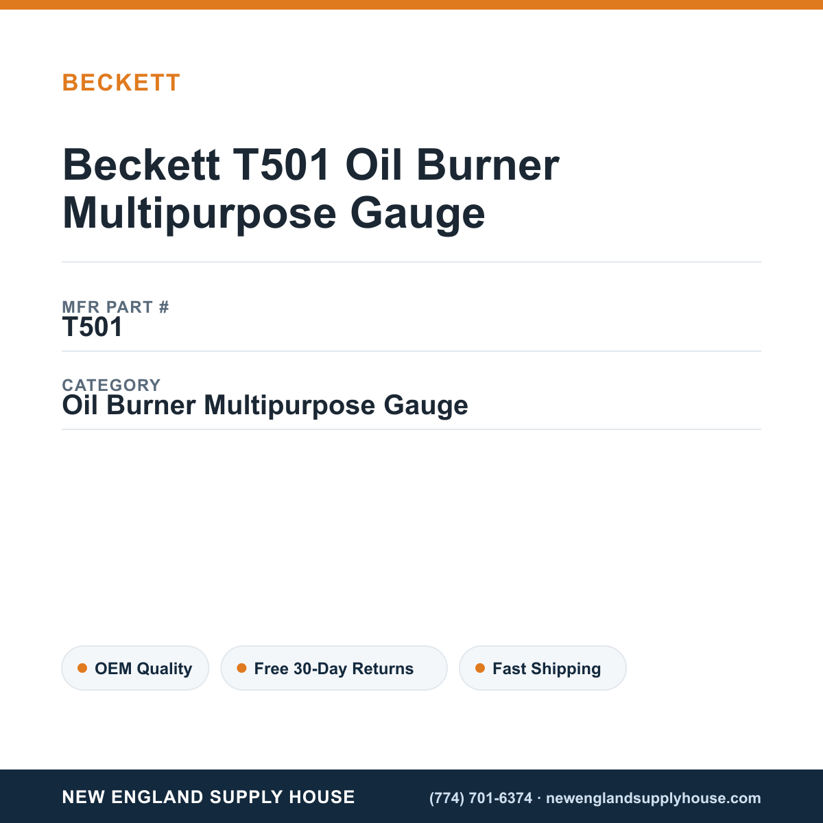 Beckett T501 Oil Burner Multipurpose Gauge — New England Supply House spec card [NESH-SPEC-CARD-V2]