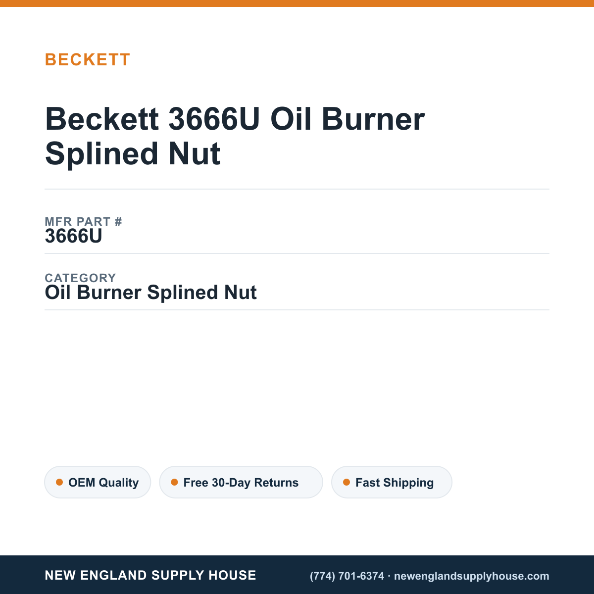 Beckett 3666U Oil Burner Splined Nut — New England Supply House spec card [NESH-SPEC-CARD-V2]