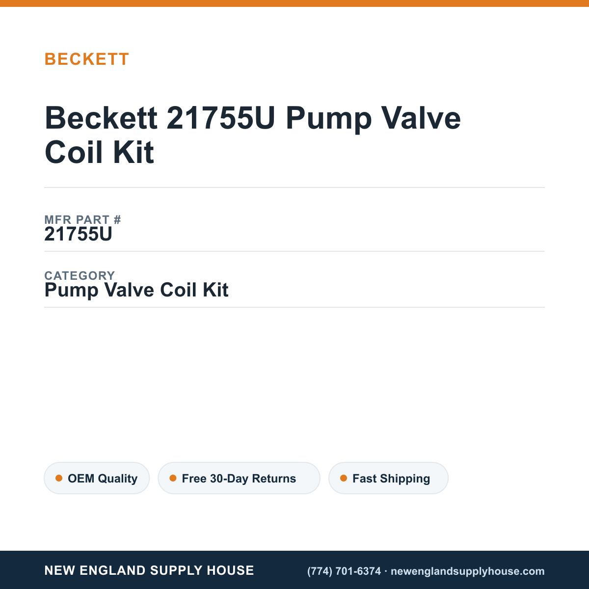 Beckett 21755U Pump Valve Coil Kit — New England Supply House spec card [NESH-SPEC-CARD-V2]