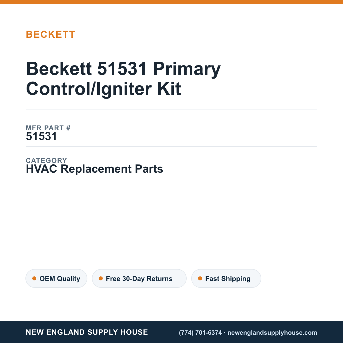 Beckett 51531 Primary Control/Igniter Kit — New England Supply House spec card [NESH-SPEC-CARD-V2]