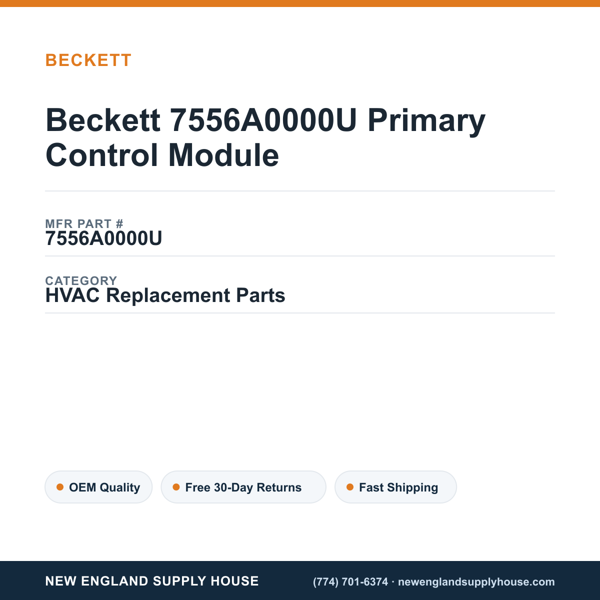 Beckett 7556A0000U Primary Control Module — New England Supply House spec card [NESH-SPEC-CARD-V2]