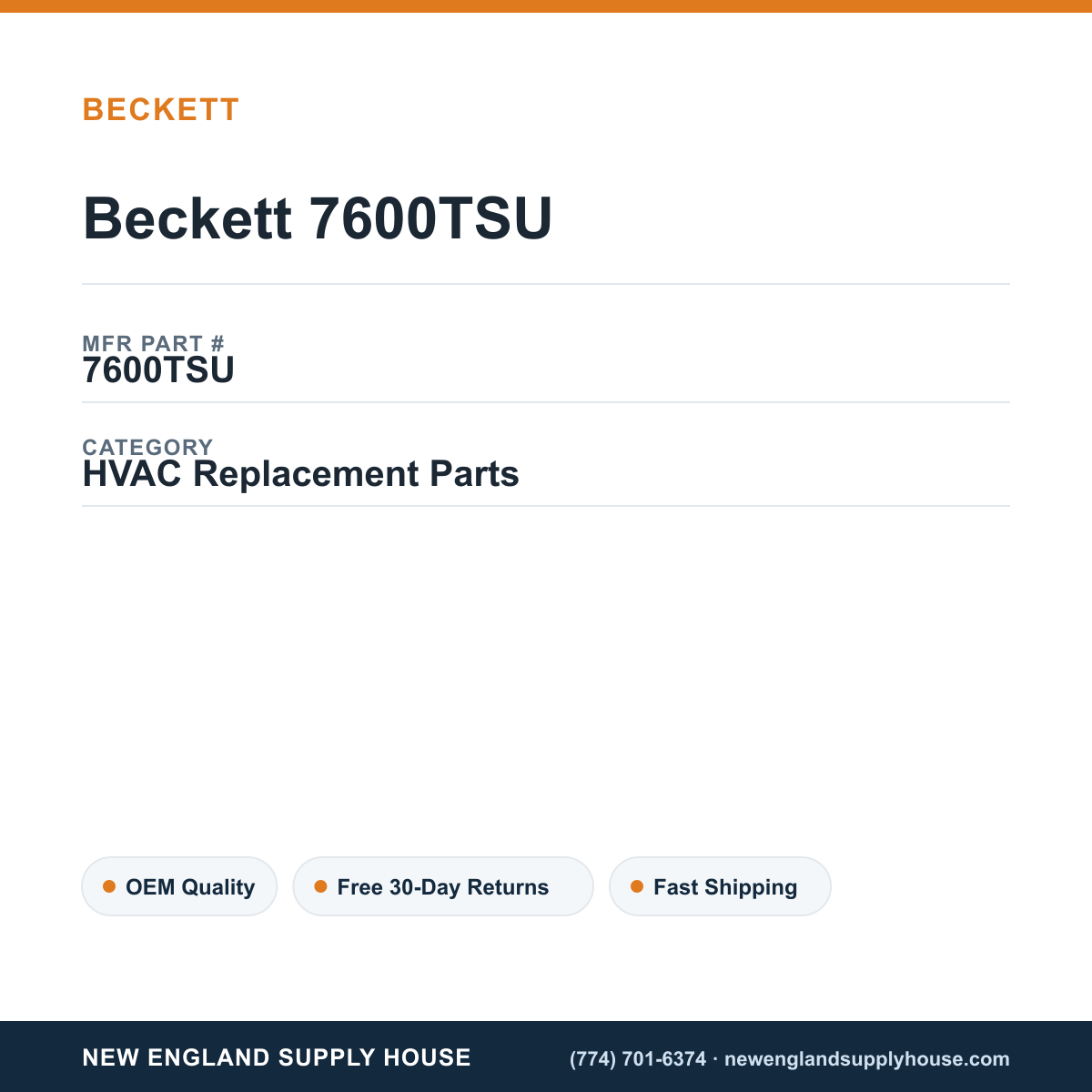 Beckett 7600TSU — New England Supply House spec card [NESH-SPEC-CARD-V2]