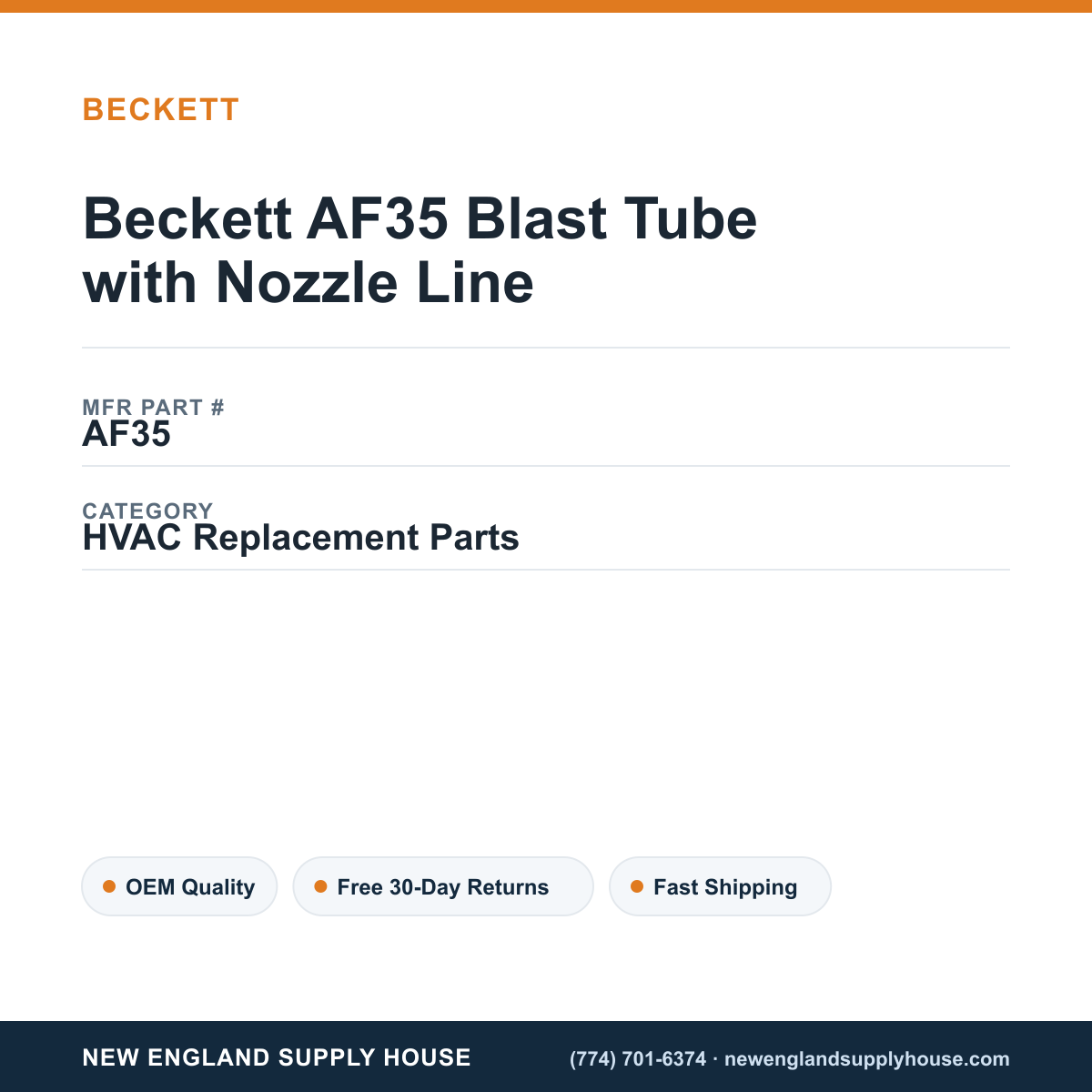 Beckett AF35 Blast Tube with Nozzle Line — New England Supply House spec card [NESH-SPEC-CARD-V2]