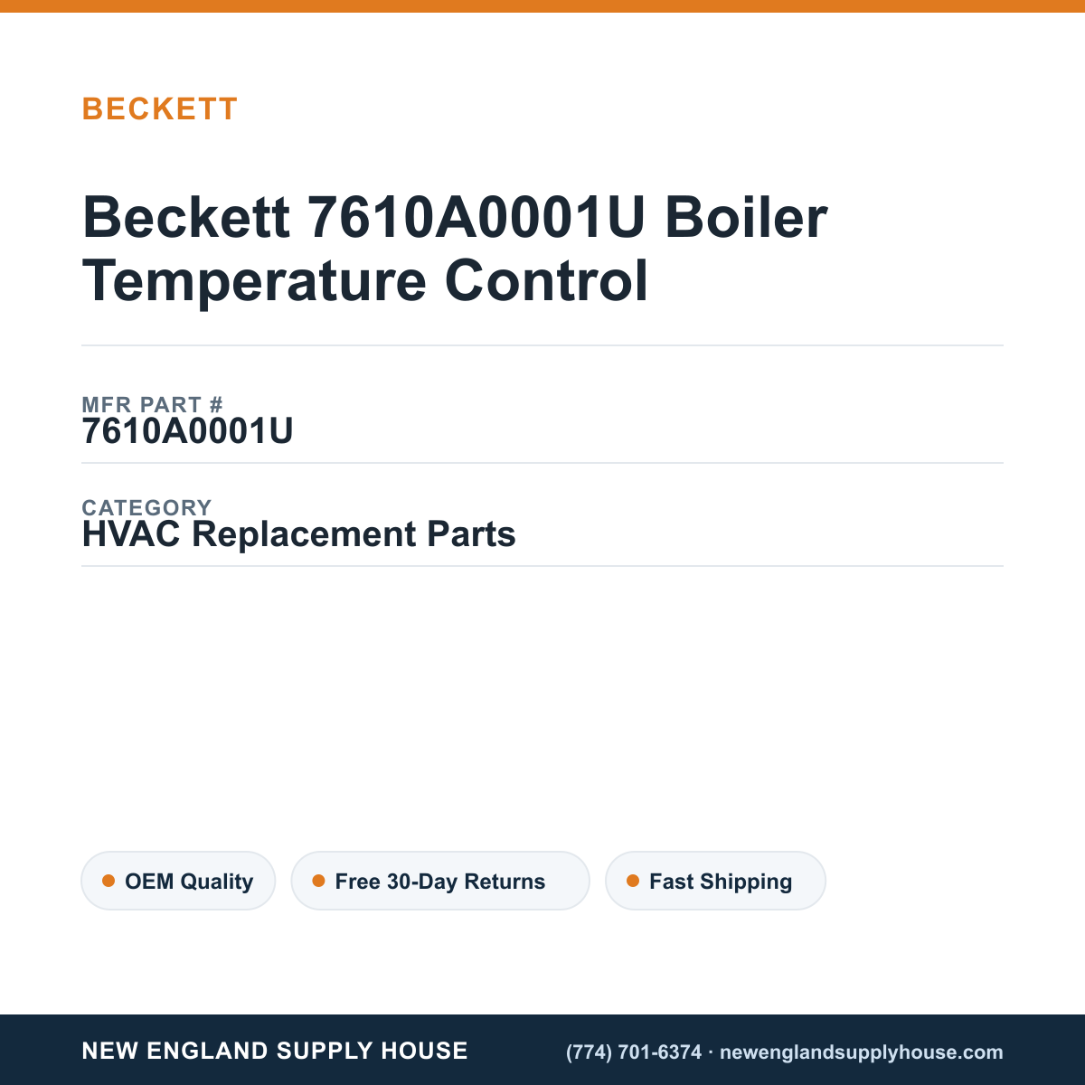 Beckett 7610A0001U Boiler Temperature Control — New England Supply House spec card [NESH-SPEC-CARD-V2]