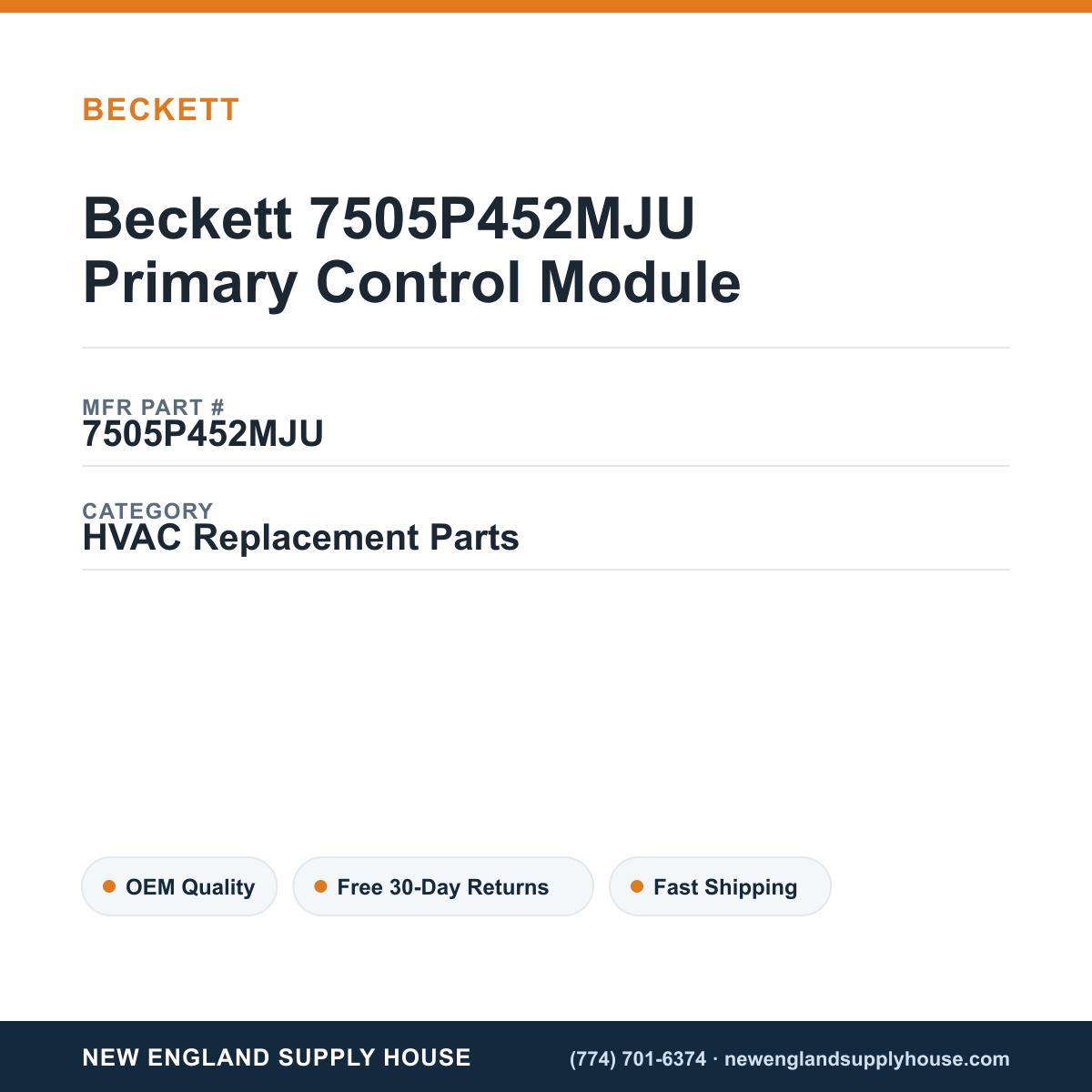 Beckett 7505P452MJU Primary Control Module — New England Supply House spec card [NESH-SPEC-CARD-V2]