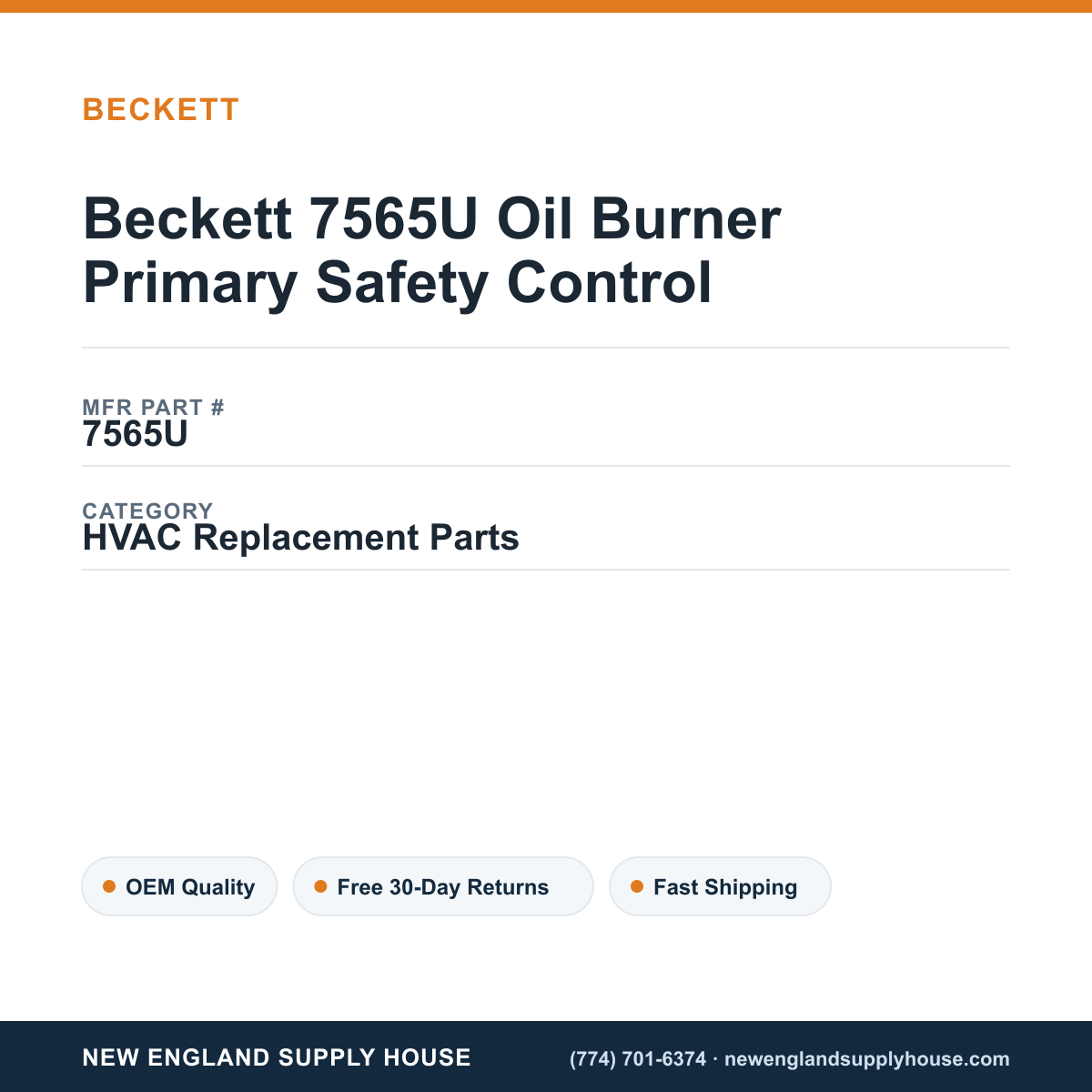 Beckett 7565U Oil Burner Primary Safety Control — New England Supply House spec card [NESH-SPEC-CARD-V2]