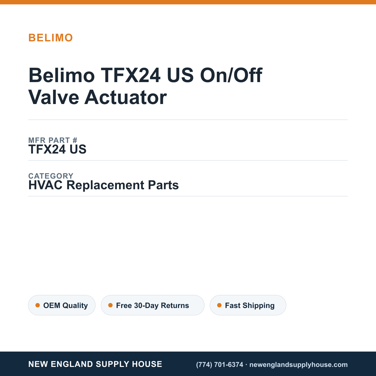 Belimo TFX24 US On/Off Valve Actuator — New England Supply House spec card [NESH-SPEC-CARD-V2]