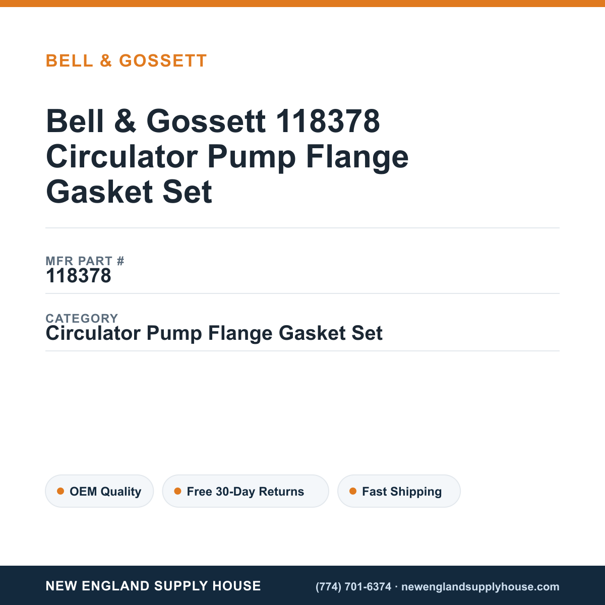 Bell & Gossett 118378 Circulator Pump Flange Gasket Set — New England Supply House spec card [NESH-SPEC-CARD-V2]