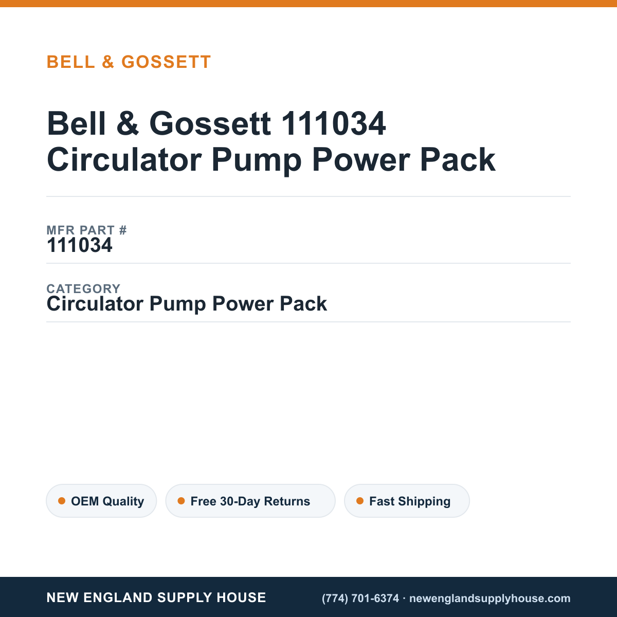 Bell & Gossett 111034 Circulator Pump Power Pack — New England Supply House spec card [NESH-SPEC-CARD-V2]