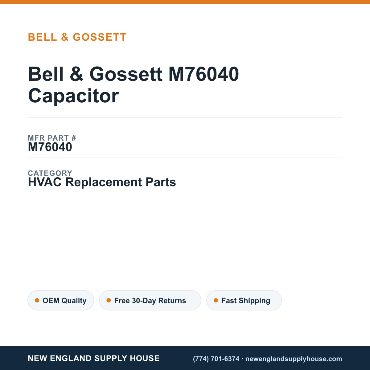 Bell & Gossett M76040 Capacitor — New England Supply House spec card [NESH-SPEC-CARD-V2]