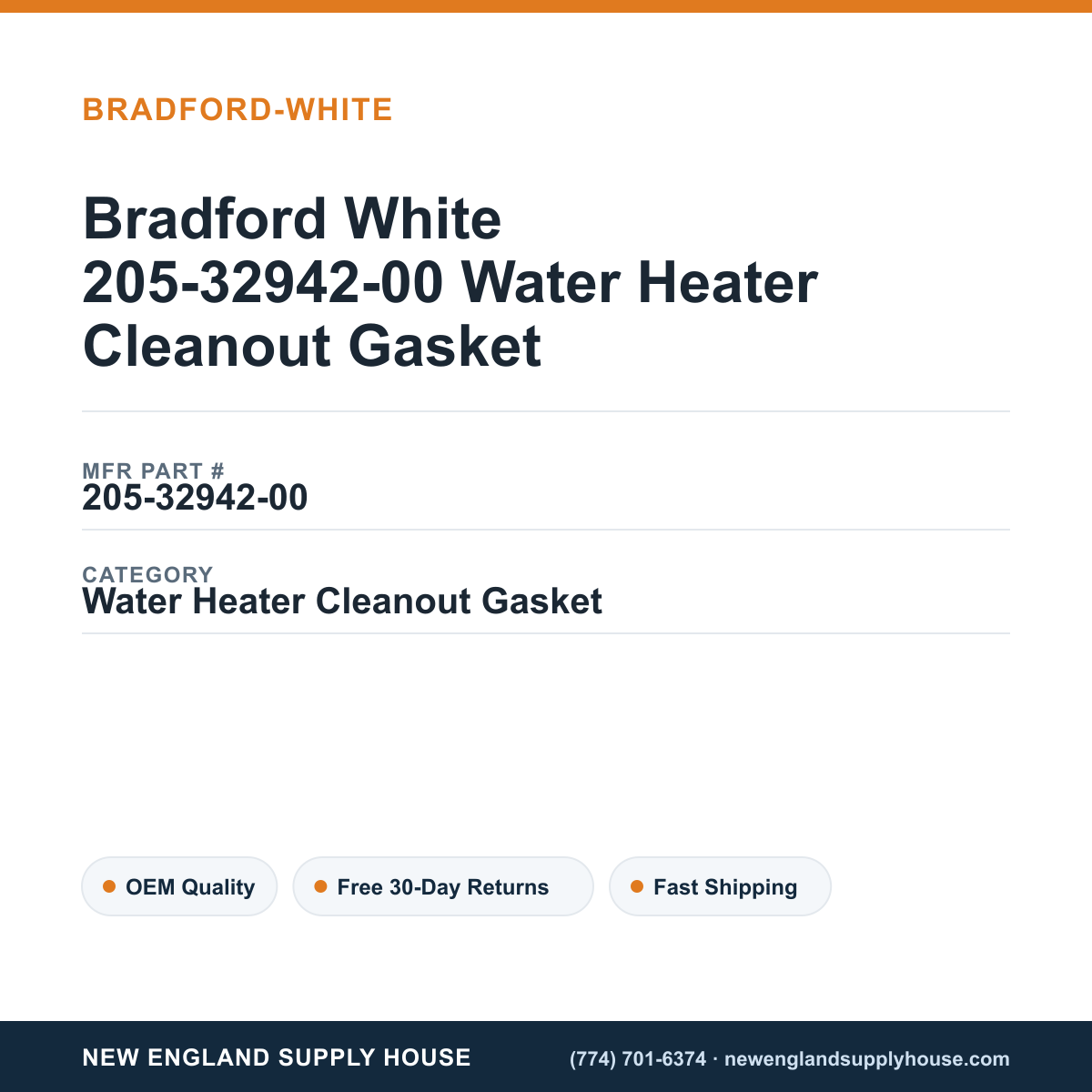 Bradford White 205-32942-00 Water Heater Cleanout Gasket — New England Supply House spec card [NESH-SPEC-CARD-V2]