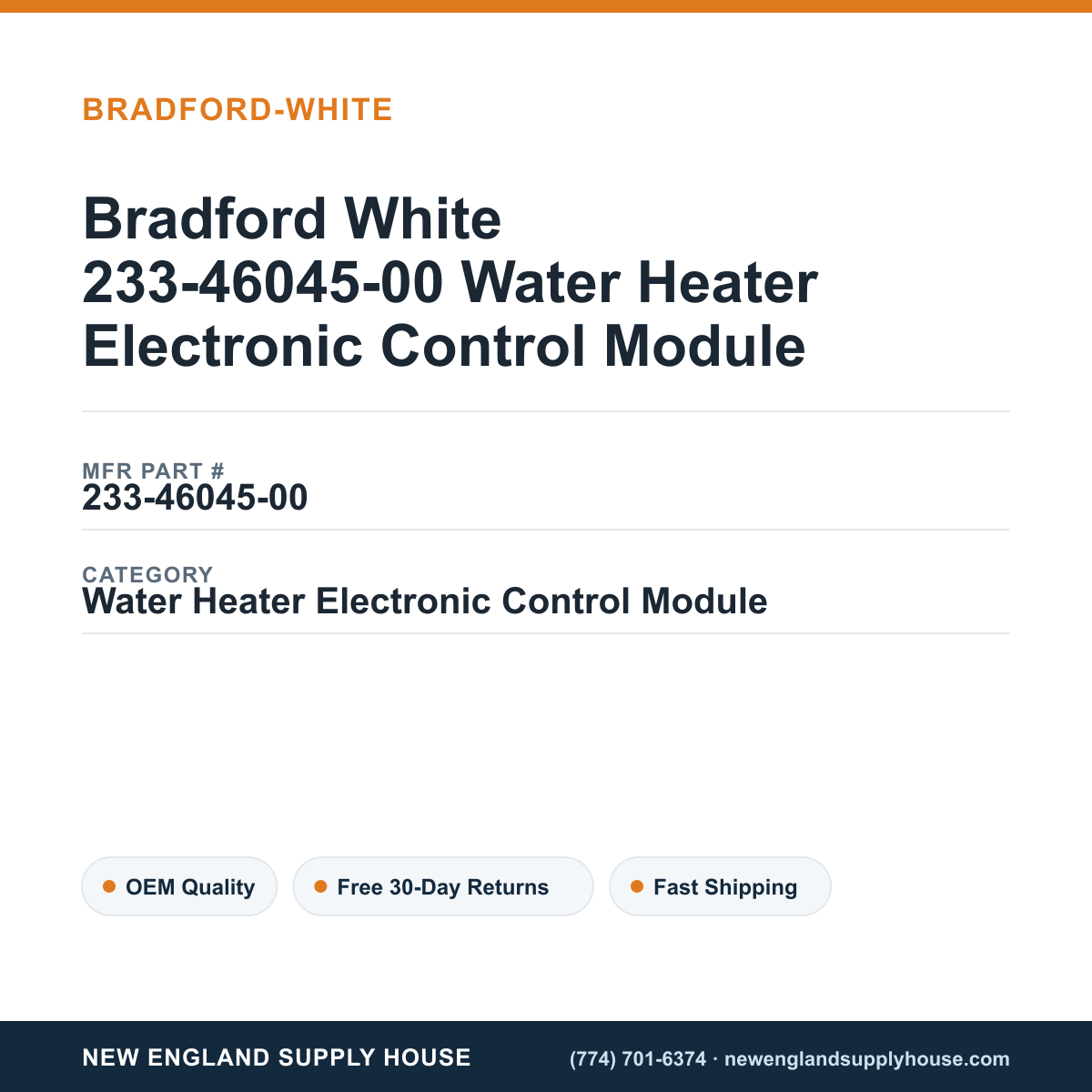 Bradford White 233-46045-00 Water Heater Electronic Control Module — New England Supply House spec card [NESH-SPEC-CARD-V2]