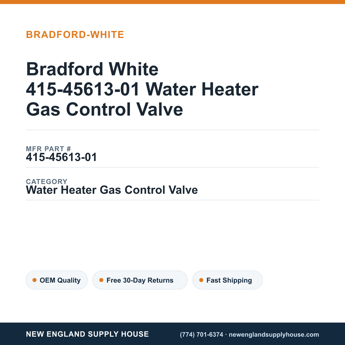 Bradford White 415-45613-01 Water Heater Gas Control Valve — New England Supply House spec card [NESH-SPEC-CARD-V2]