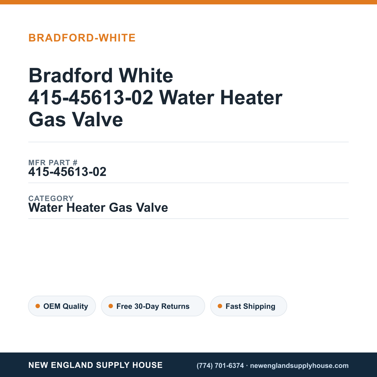 Bradford White 415-45613-02 Water Heater Gas Valve — New England Supply House spec card [NESH-SPEC-CARD-V2]