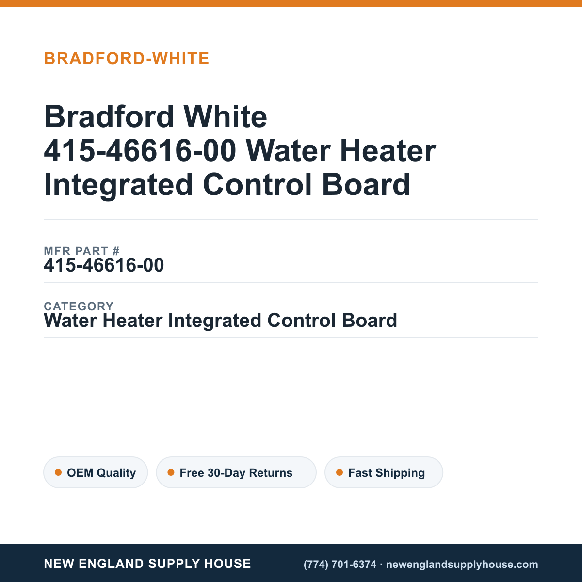 Bradford White 415-46616-00 Water Heater Integrated Control Board — New England Supply House spec card [NESH-SPEC-CARD-V2]