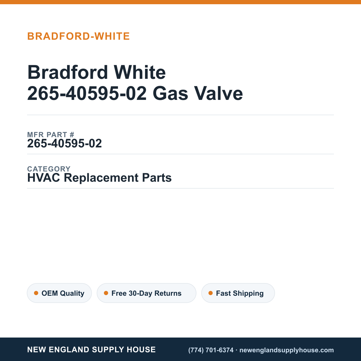 Bradford White 265-40595-02 Gas Valve — New England Supply House spec card [NESH-SPEC-CARD-V2]