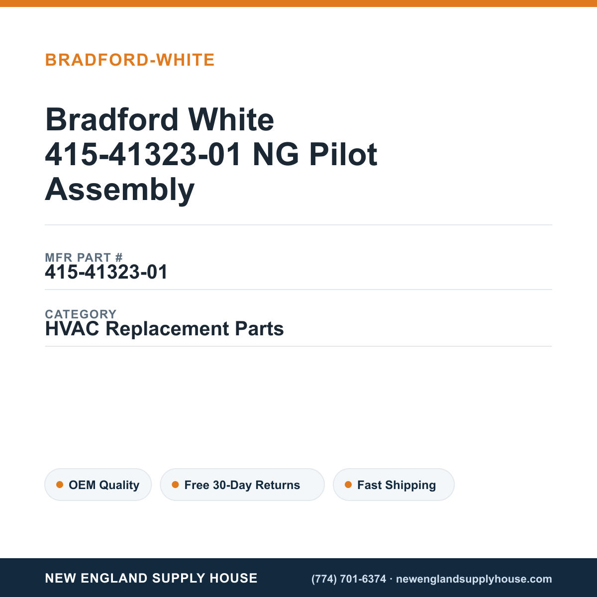 Bradford White 415-41323-01 NG Pilot Assembly — New England Supply House spec card [NESH-SPEC-CARD-V2]