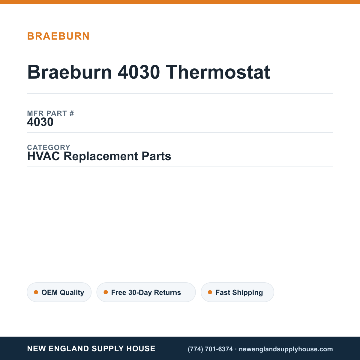 Braeburn 4030 Thermostat — New England Supply House spec card [NESH-SPEC-CARD-V2]