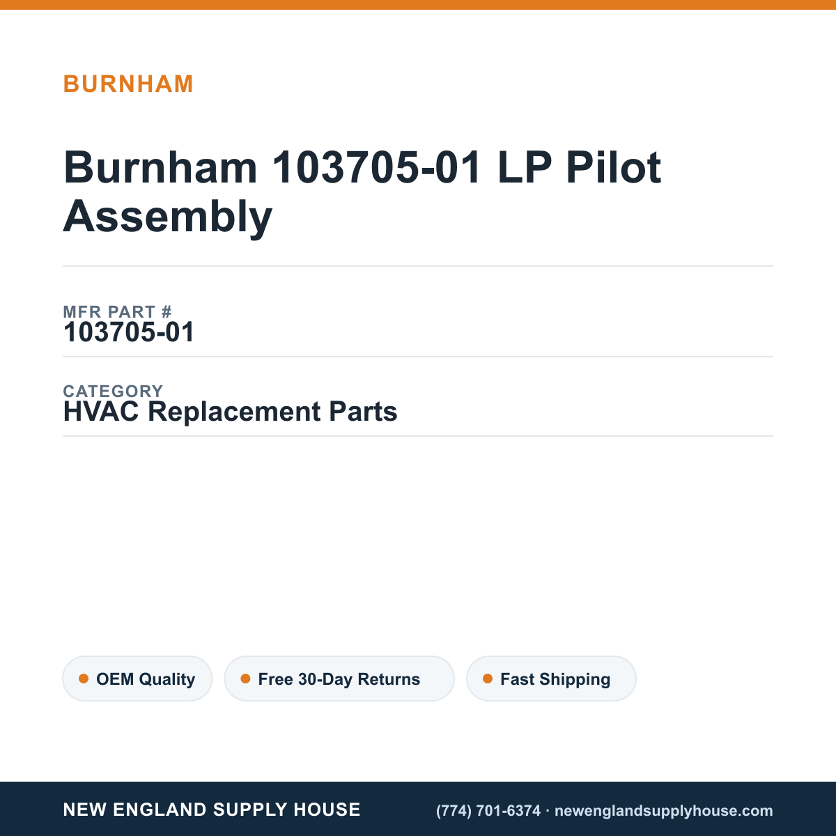 Burnham 103705-01 LP Pilot Assembly — New England Supply House spec card [NESH-SPEC-CARD-V2]