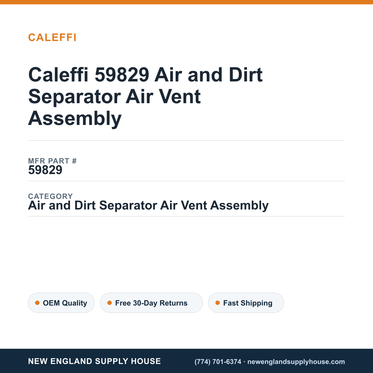 Caleffi 59829 Air and Dirt Separator Air Vent Assembly — New England Supply House spec card [NESH-SPEC-CARD-V2]