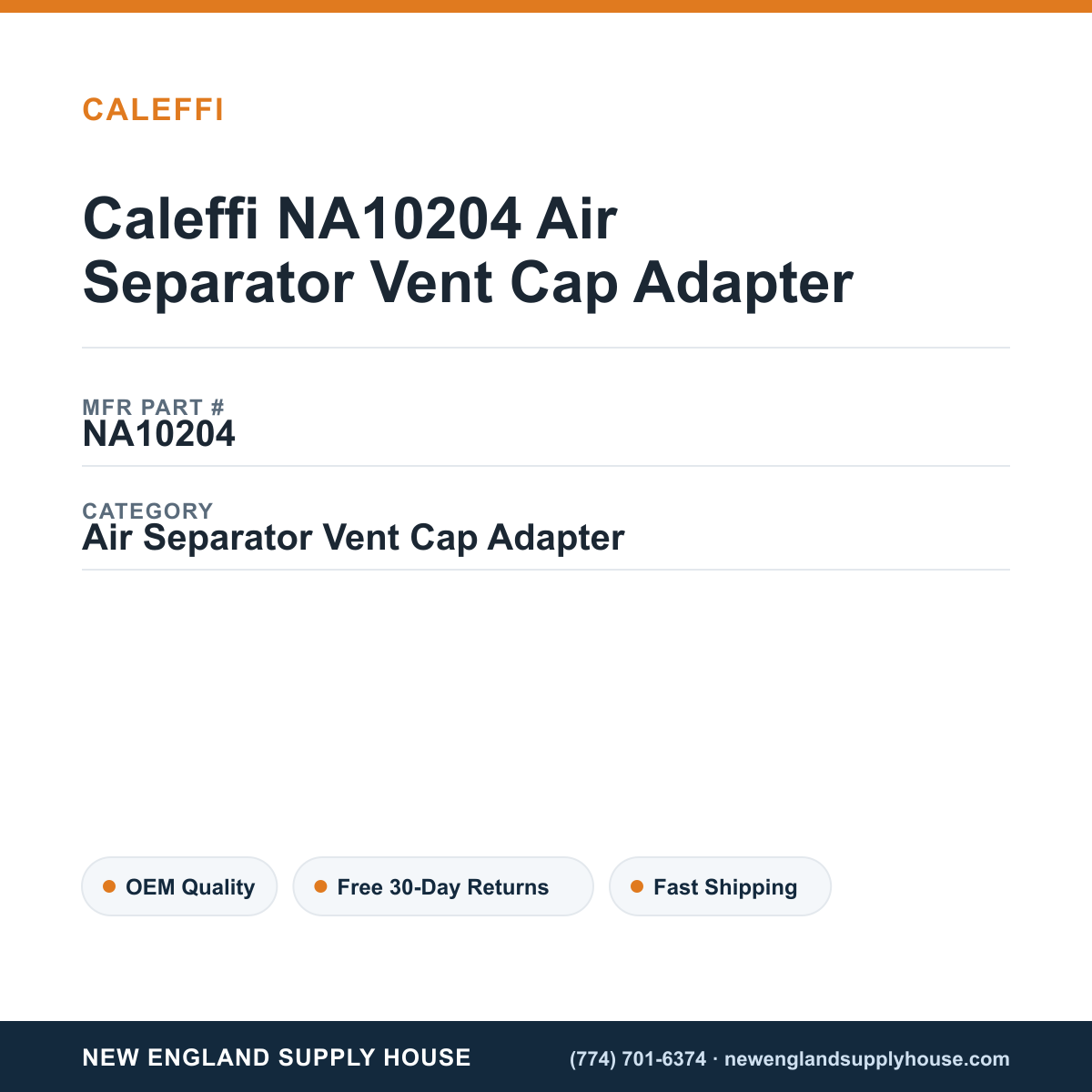 Caleffi NA10204 Air Separator Vent Cap Adapter — New England Supply House spec card [NESH-SPEC-CARD-V2]