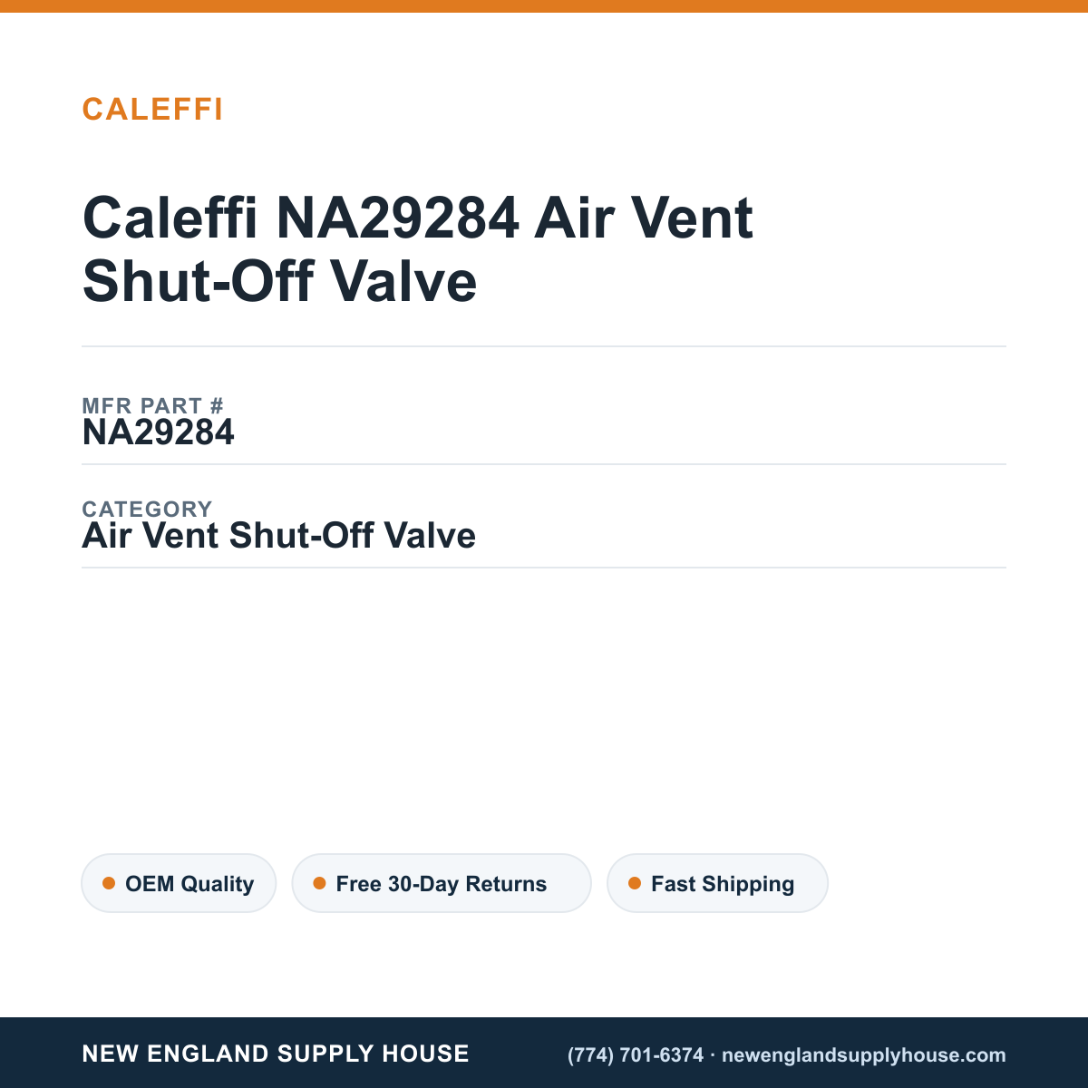 Caleffi NA29284 Air Vent Shut-Off Valve — New England Supply House spec card [NESH-SPEC-CARD-V2]