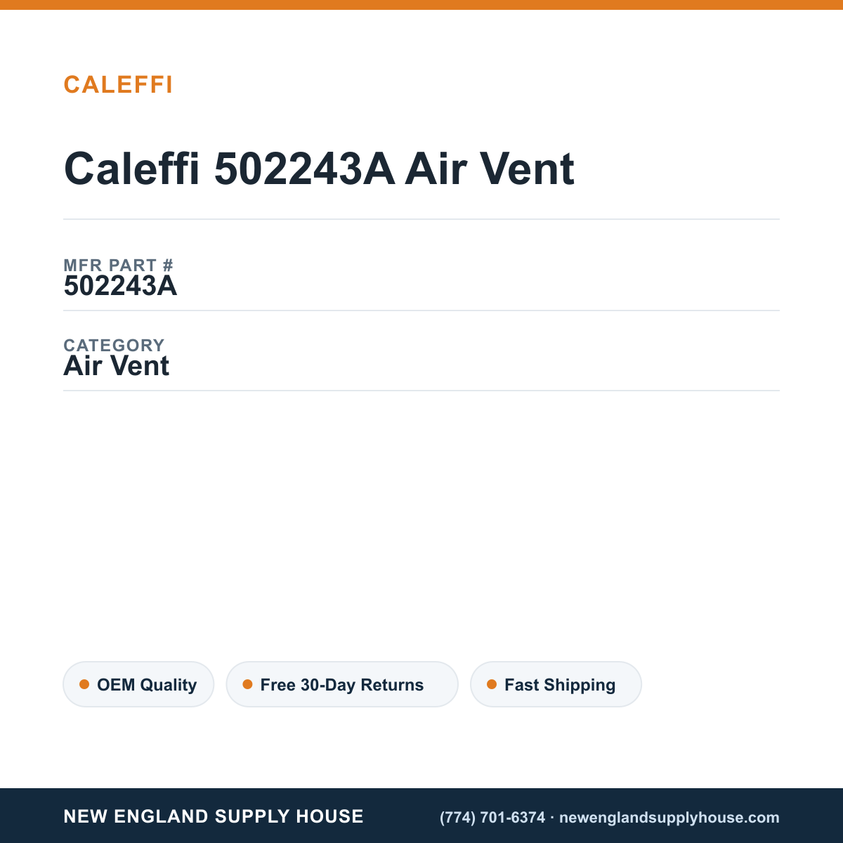 Caleffi 502243A Air Vent — New England Supply House spec card [NESH-SPEC-CARD-V2]