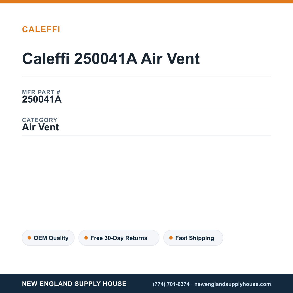 Caleffi 250041A Air Vent — New England Supply House spec card [NESH-SPEC-CARD-V2]
