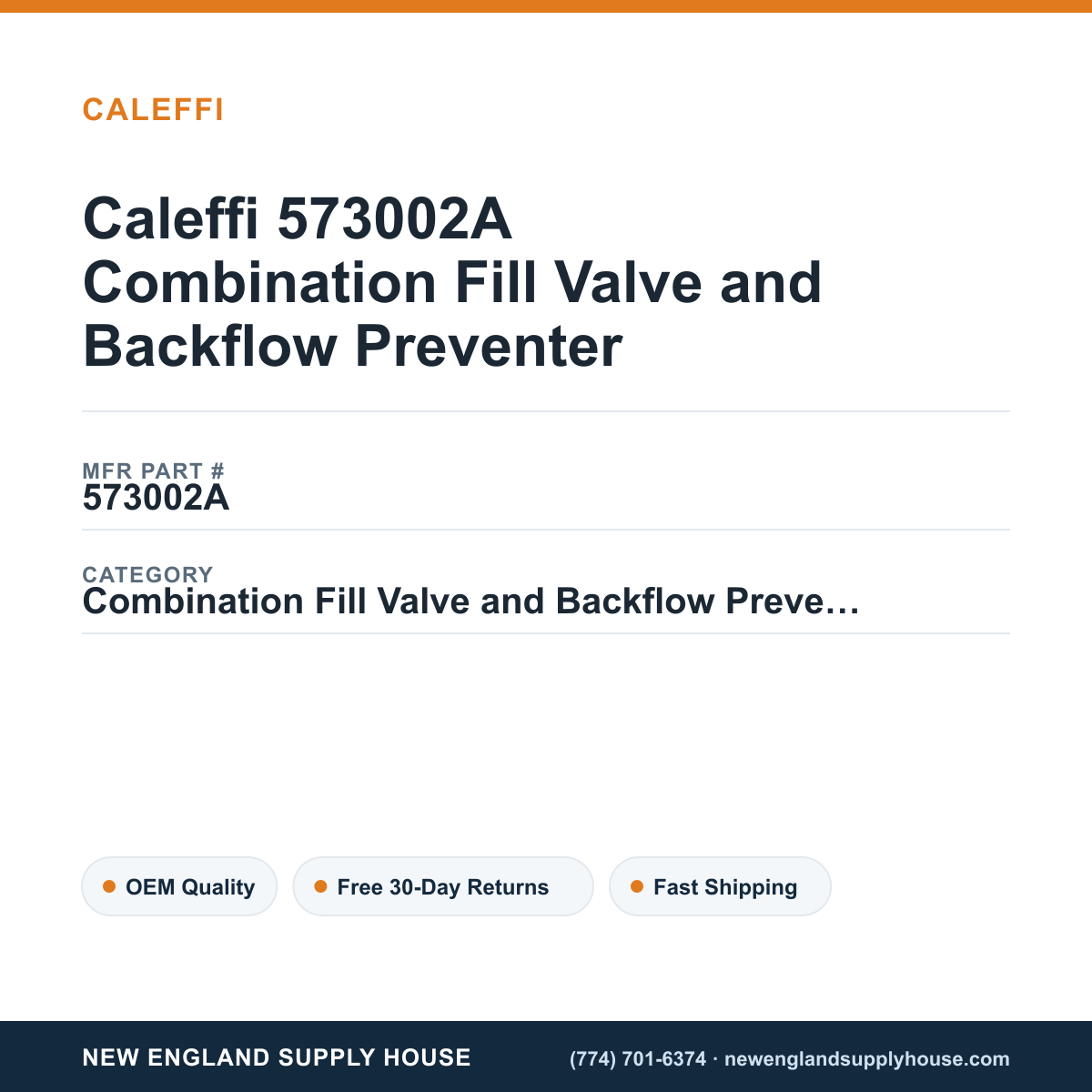 Caleffi 573002A Combination Fill Valve and Backflow Preventer — New England Supply House spec card [NESH-SPEC-CARD-V2]