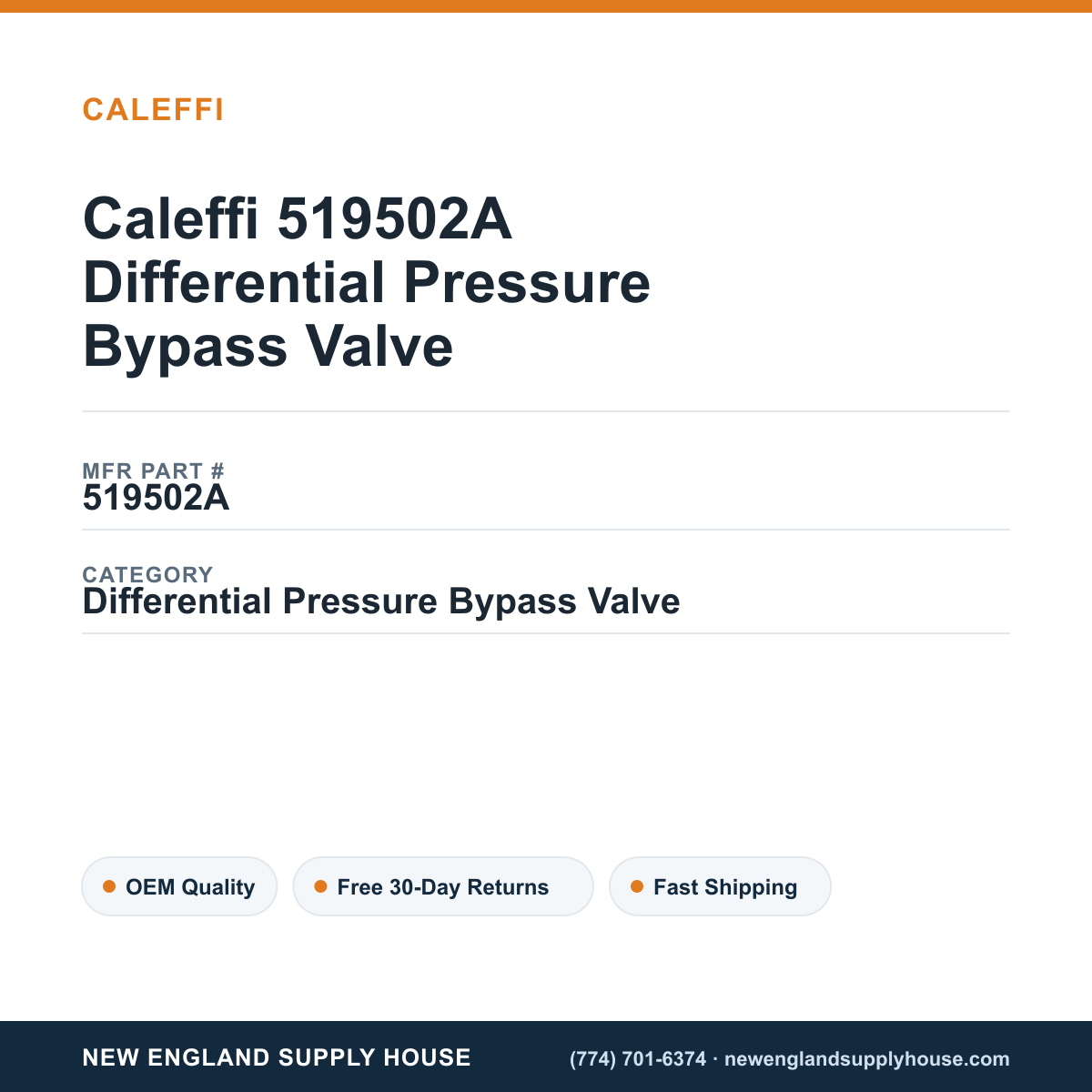 Caleffi 519502A Differential Pressure Bypass Valve — New England Supply House spec card [NESH-SPEC-CARD-V2]