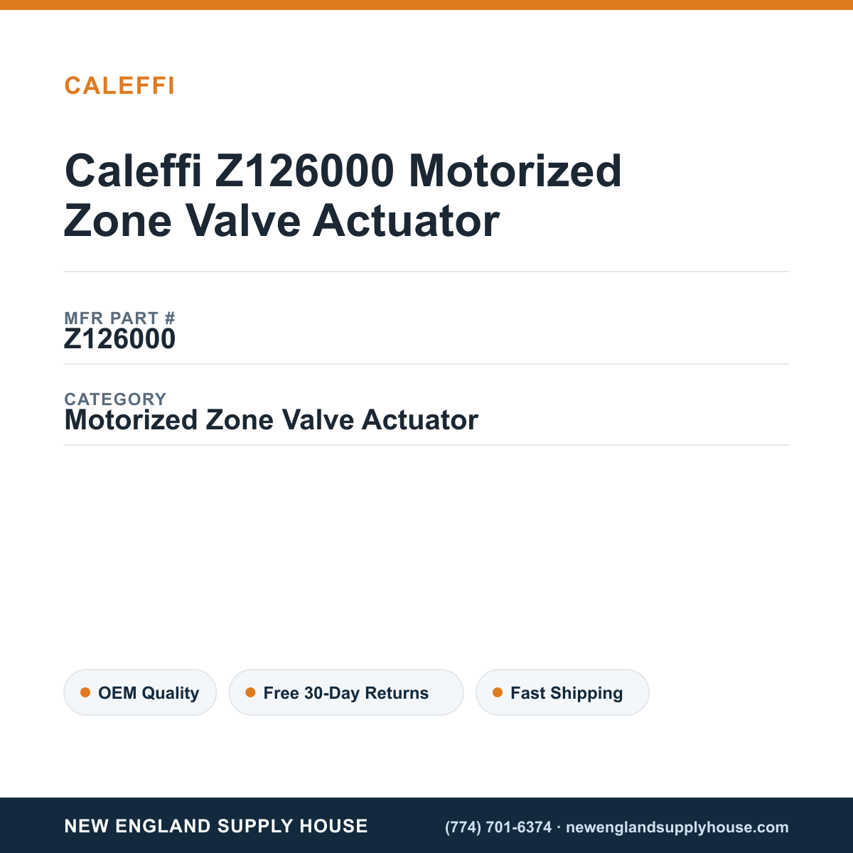 Caleffi Z126000 Motorized Zone Valve Actuator — New England Supply House spec card [NESH-SPEC-CARD-V2]