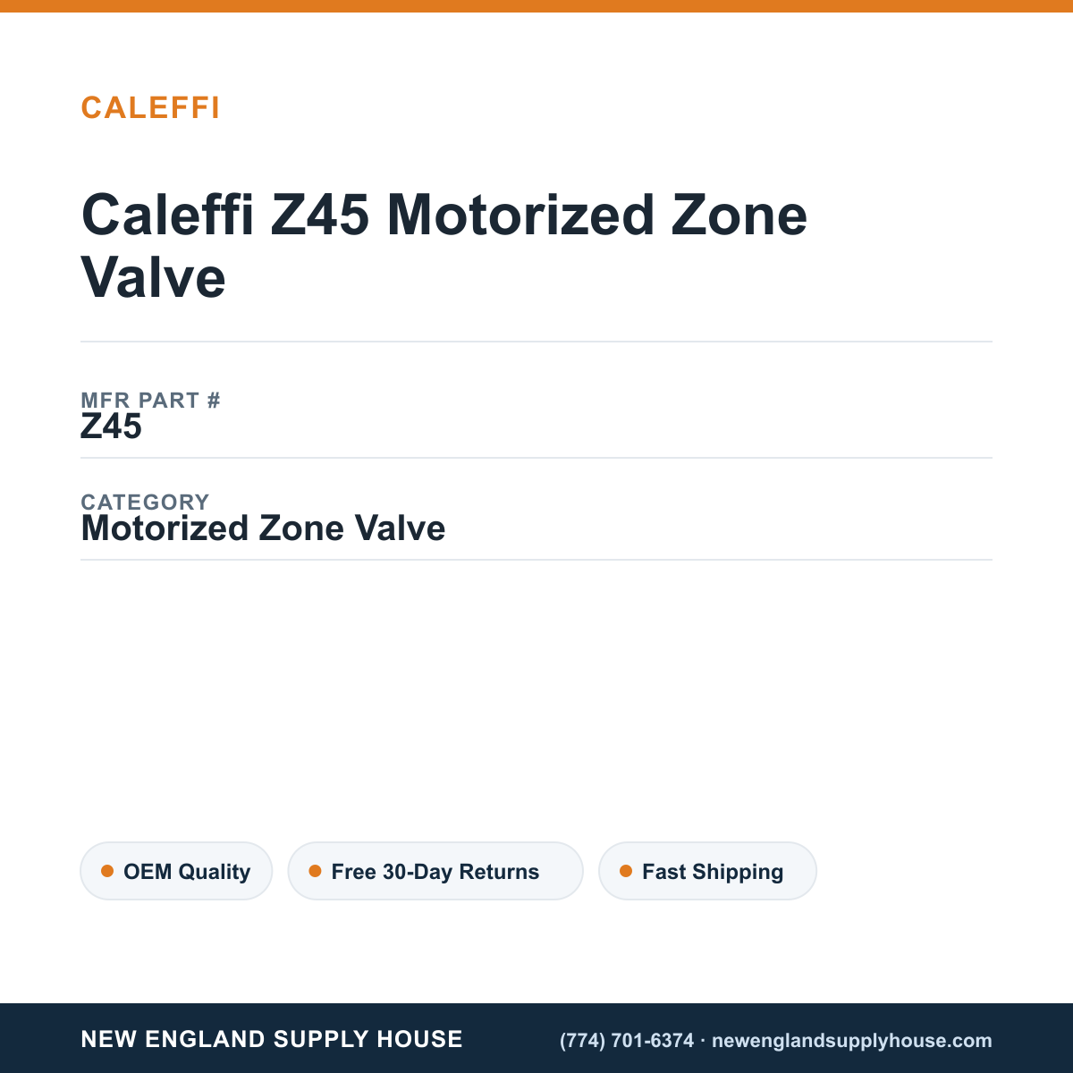 Caleffi Z45 Motorized Zone Valve — New England Supply House spec card [NESH-SPEC-CARD-V2]