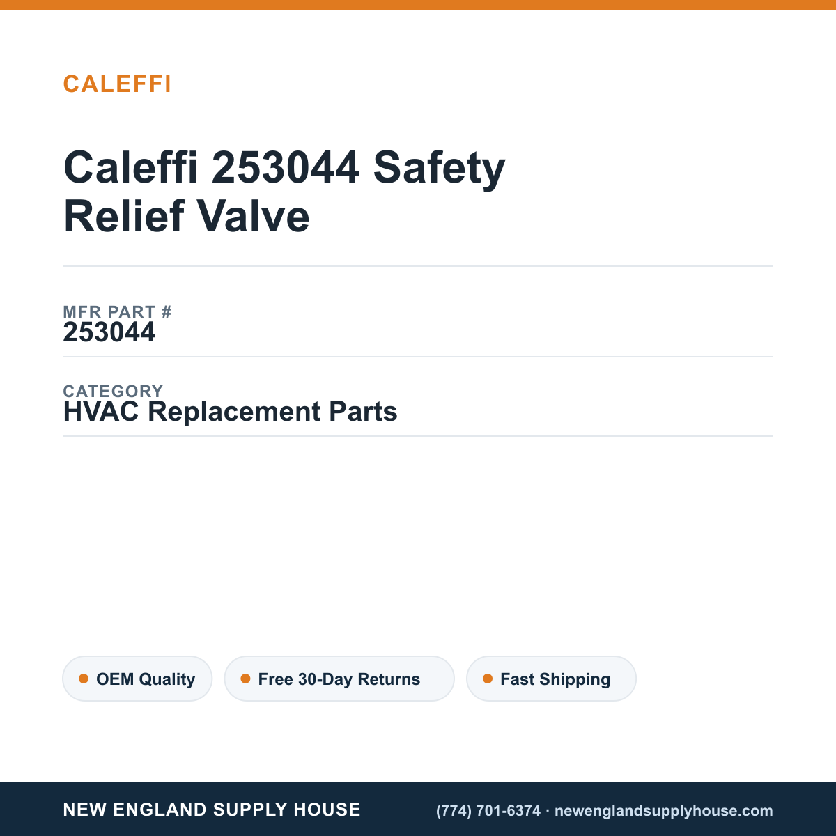 Caleffi 253044 Safety Relief Valve — New England Supply House spec card [NESH-SPEC-CARD-V2]