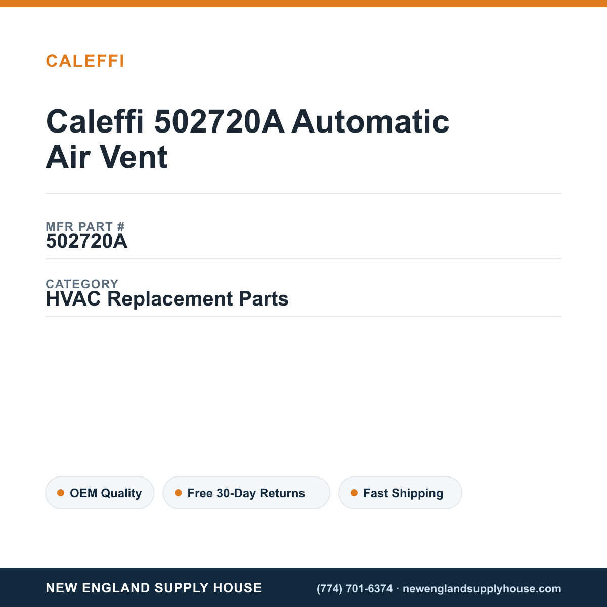 Caleffi 502720A Automatic Air Vent — New England Supply House spec card [NESH-SPEC-CARD-V2]