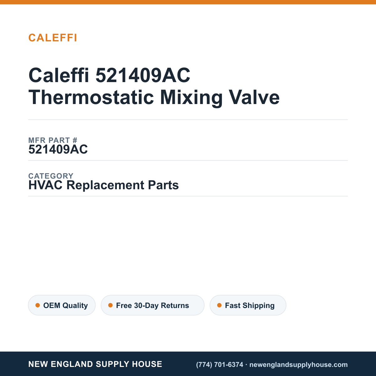 Caleffi 521409AC Thermostatic Mixing Valve — New England Supply House spec card [NESH-SPEC-CARD-V2]